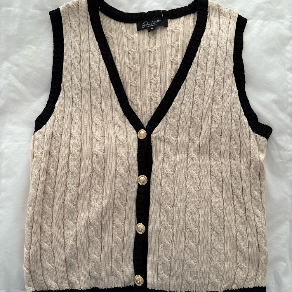 Cable Knit Beige and Black Sweater Vest